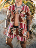 Mens Fashion Slim Fit Print Beach Short Sleeve Shirts+Shorts