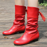 Women's Campus Round Toe Low Heels Ribbon Mid-Calf Knight Boots