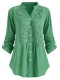 Ladies Summer Lace Patchwork V Neck Roll Up Long Sleeve Blouses