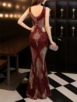 Stunning Sequined V Neck Fitted Waist Dress for Evening