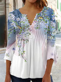 Summer Floral Print 3/4 Sleeve V-neck Pleated Pullover Tops