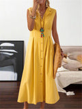 Turn-Down Collar Vintage Linen Sleeveless Long Dresses