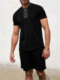 Men's Summer Crew Neck Quarter-Zip Short Sleeve Top + Sports Shorts