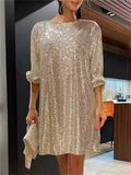 Pretty Shiny Beaded Crew Neck Lantern Sleeve Women's Cocktail Dress